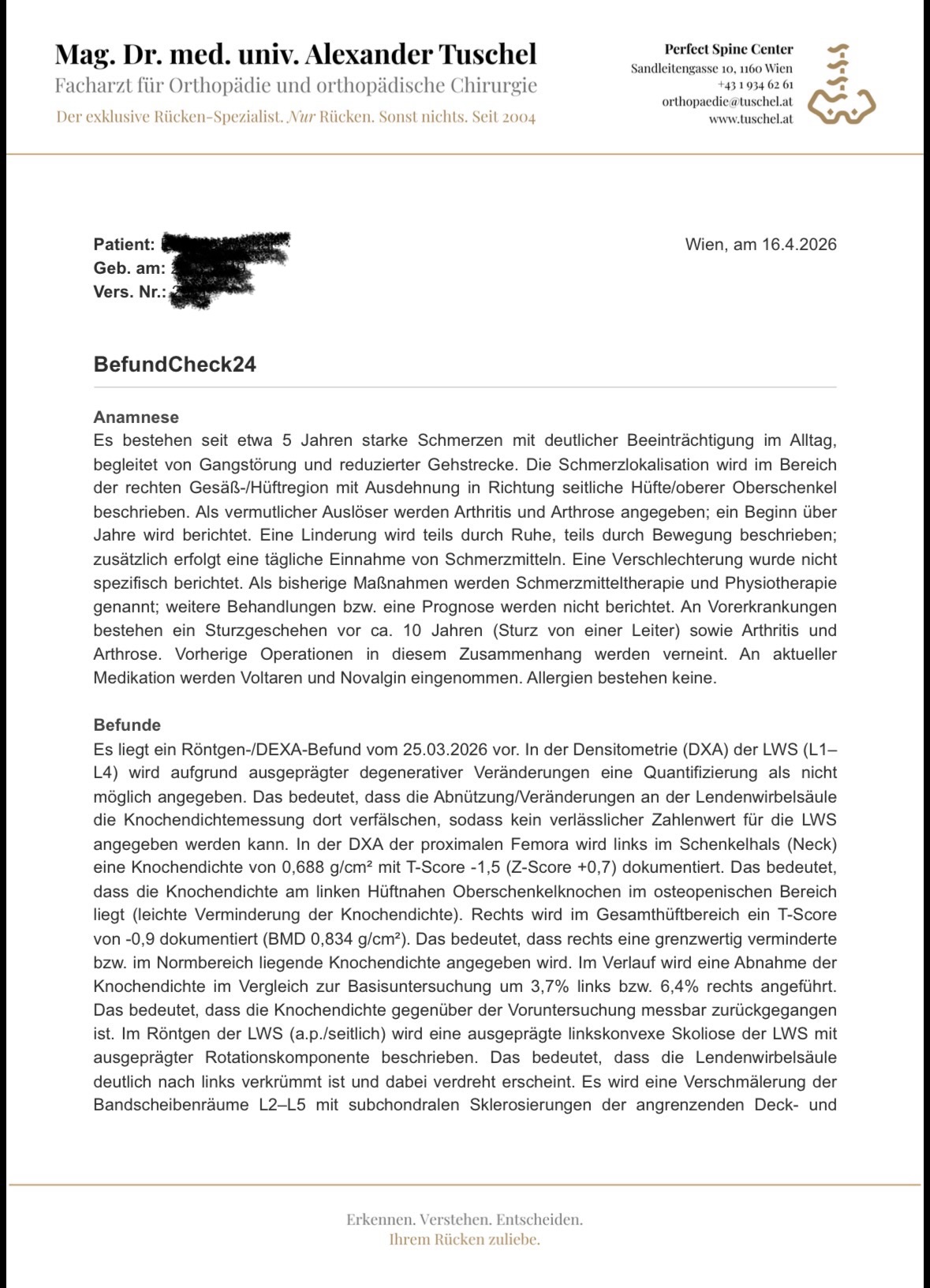 BefundCheck24 Beispielbericht Seite 1 – Anamnese und bildgebende Befunde der Wirbelsäule, anonymisiert