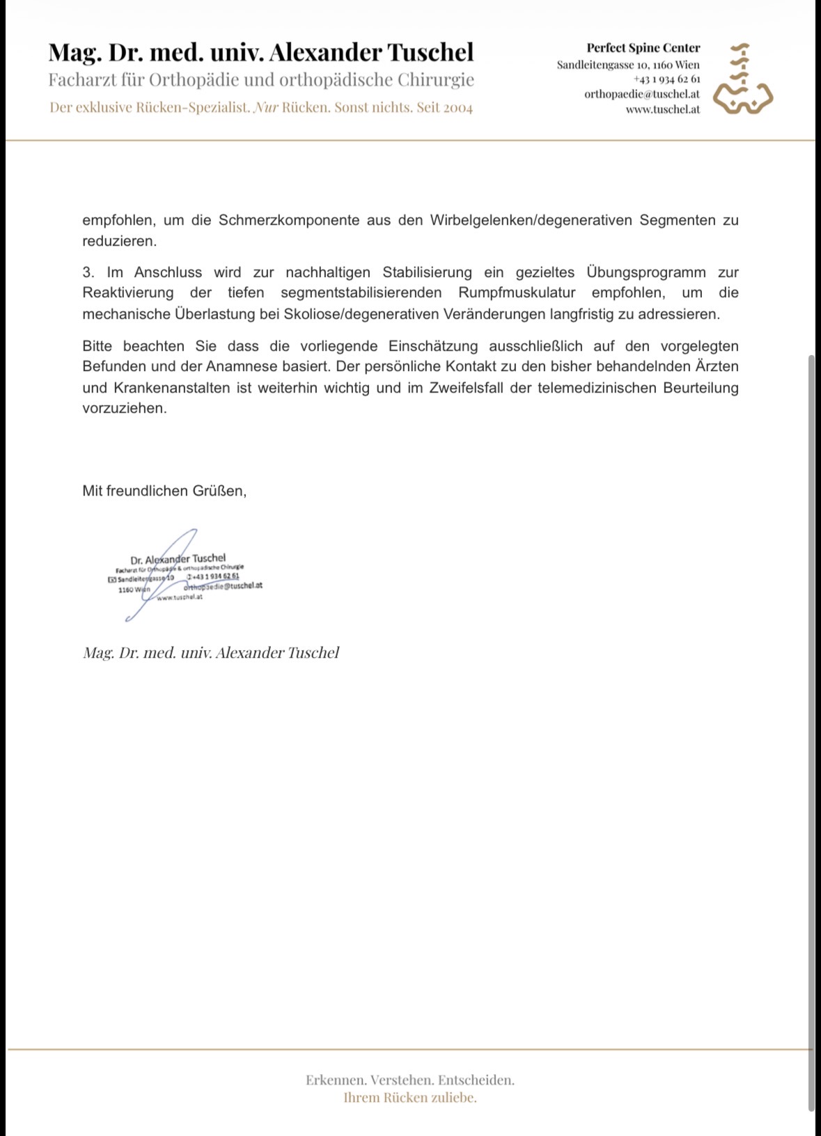 BefundCheck24 Beispielbericht Seite 3 – Procedere, medizinischer Disclaimer und ärztliche Signatur, anonymisiert